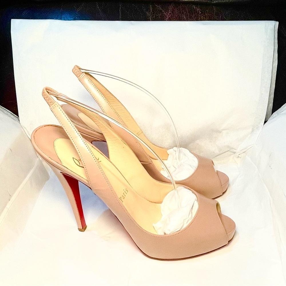 Christian Louboutin NoPrive 120 nude patent kid leather Peep slingback pump 39.5 - Picture 3 of 11